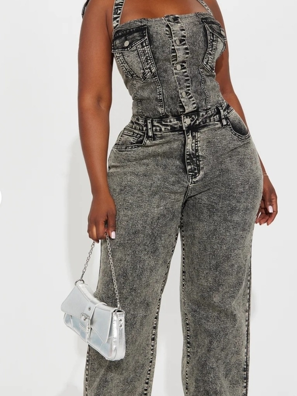 Acid Wash Wide-Leg Women’s Jeans Jumpsuit - Gray